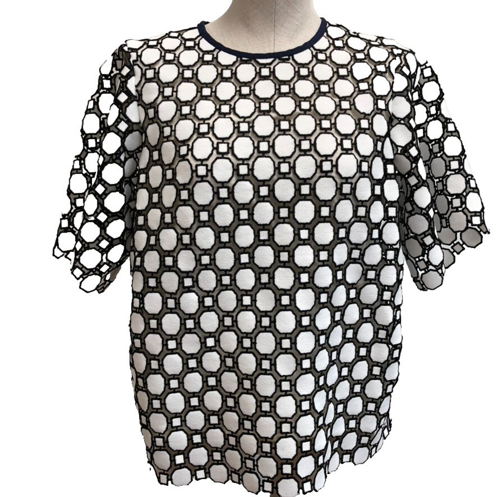 Tory Burch Blouse Shirt Womens 4 Black White Geometric Short Sleeve Eyelet